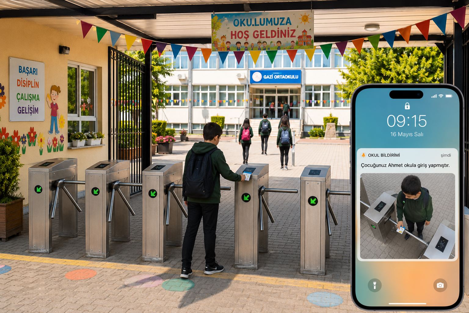 Okul girişinde kartlı geçiş turnikesi